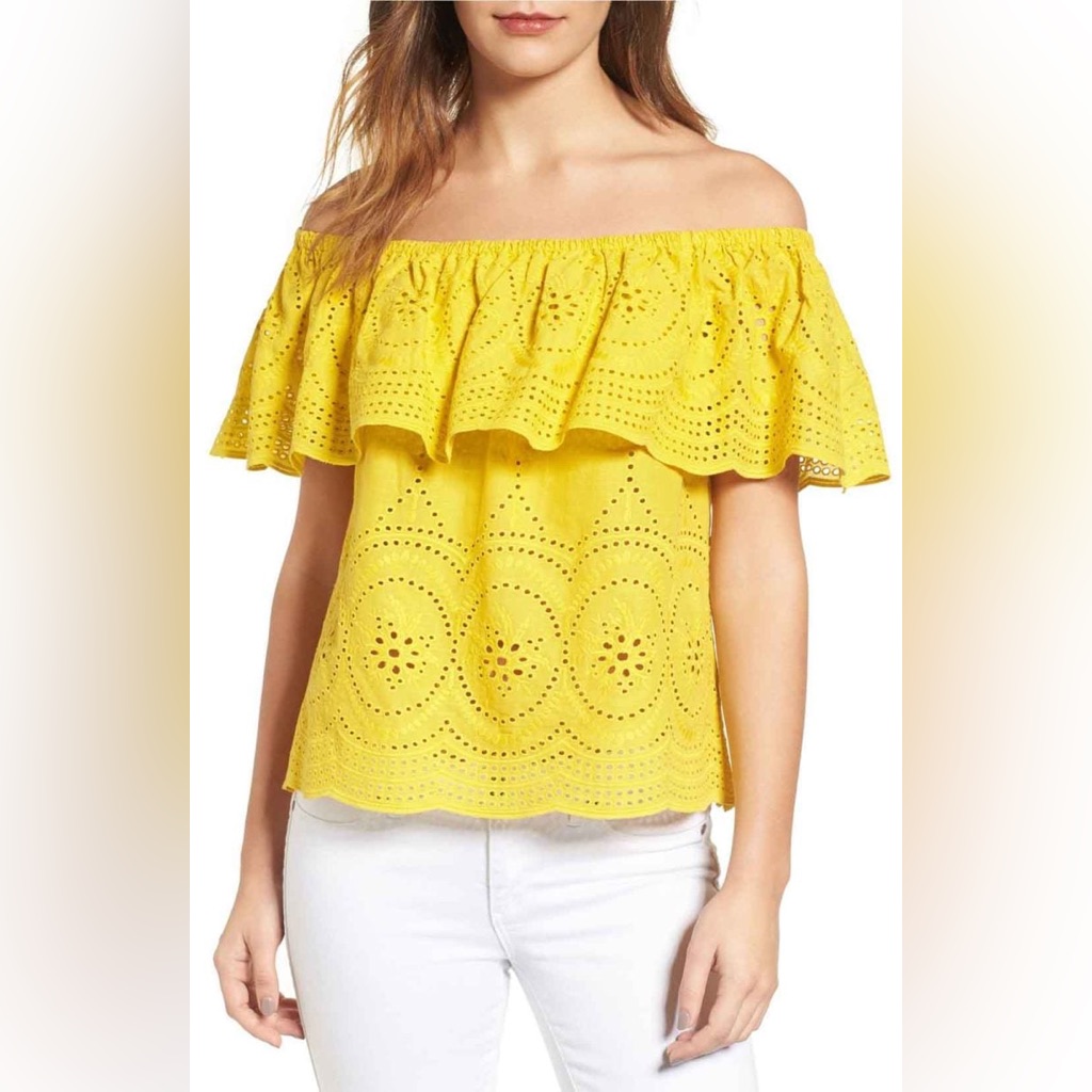 Cupcakes&Cashmere. Golden Yellow Off-The-Shoulder Eyelet Top. S.